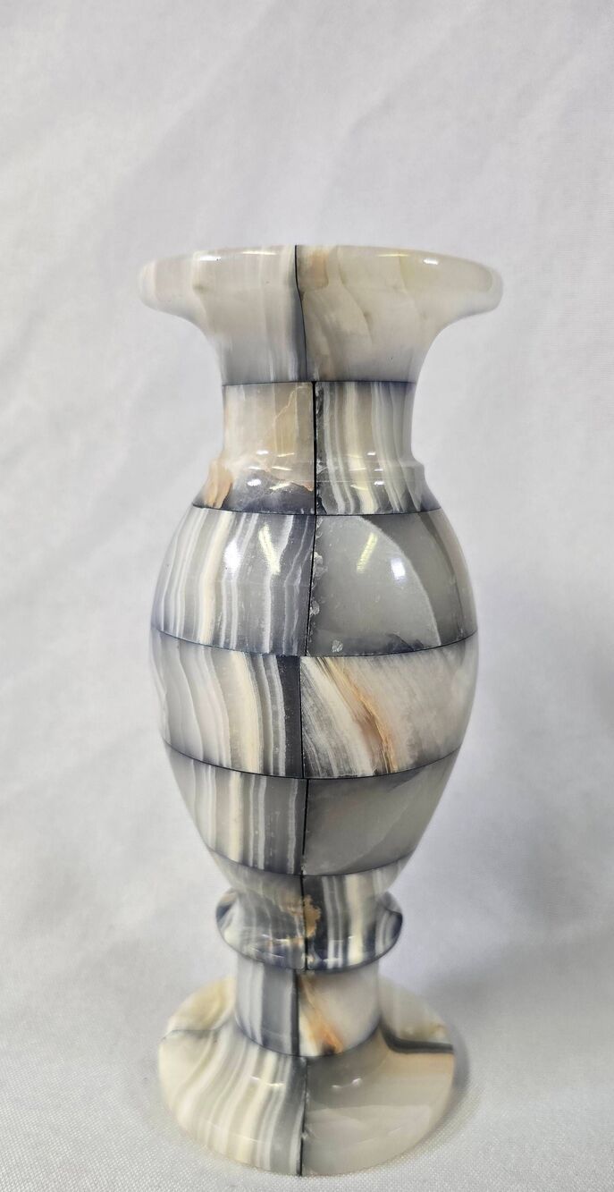 Vintage Patchwork Onyx Marble Tulip Vase – Black, Gray, & Cream - Picture 2 of 10